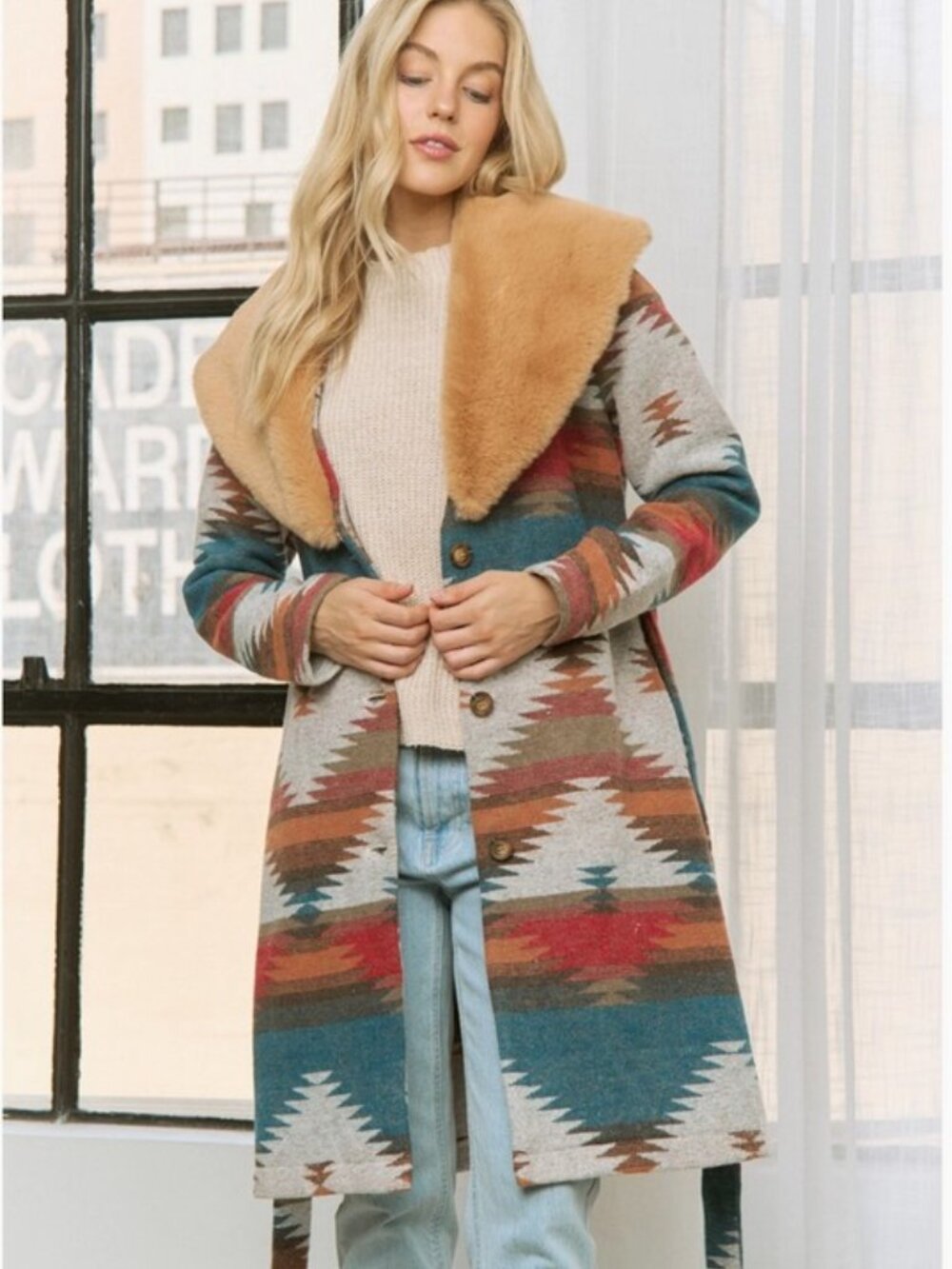 Aztec Jacket Shacket with Contrast Fur Showl Collar - Picture 11 of 13